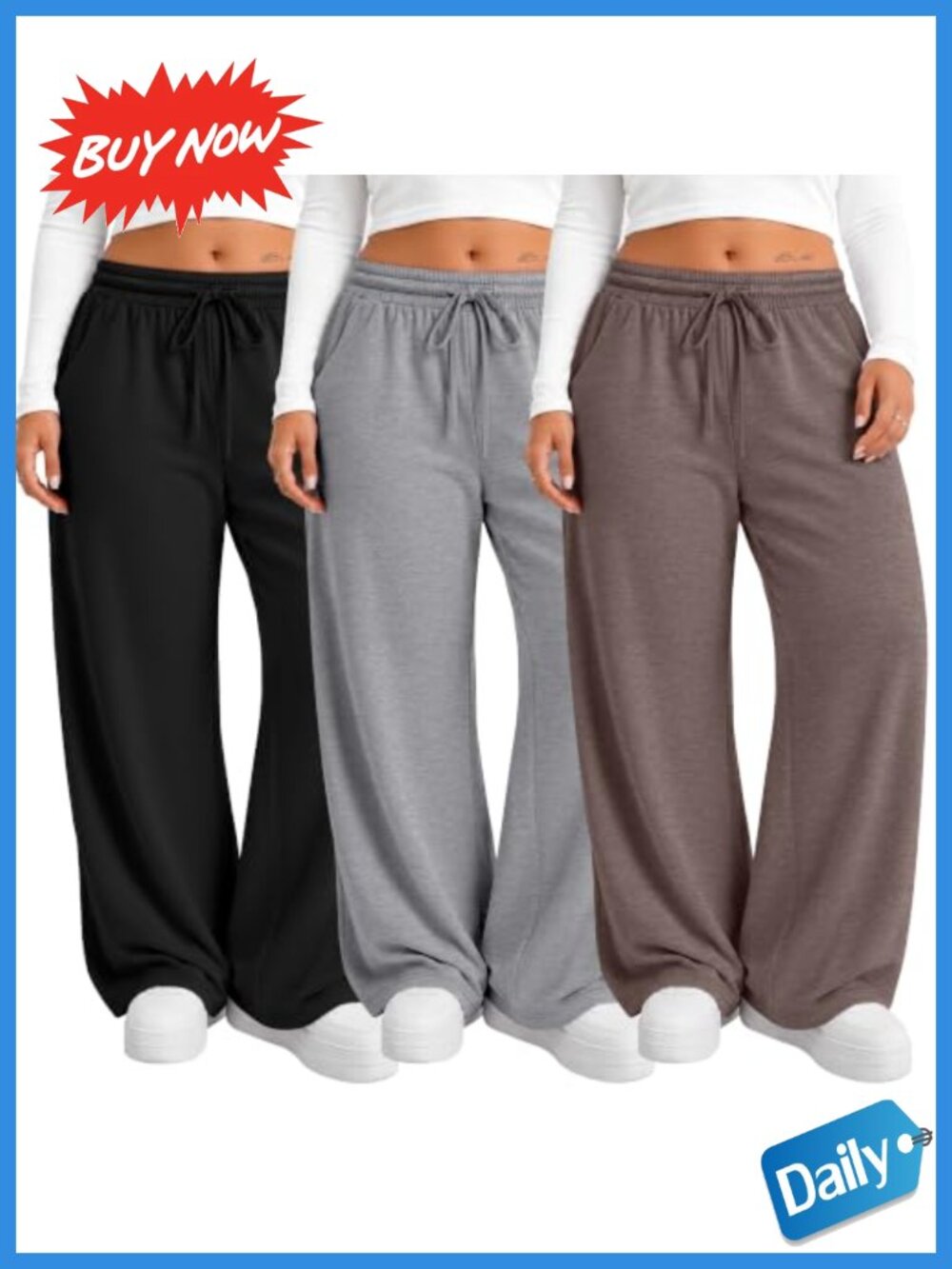 Plus Size Wide Leg Sweatpants with Pockets Drawstring Elastic Waist 3 Pack